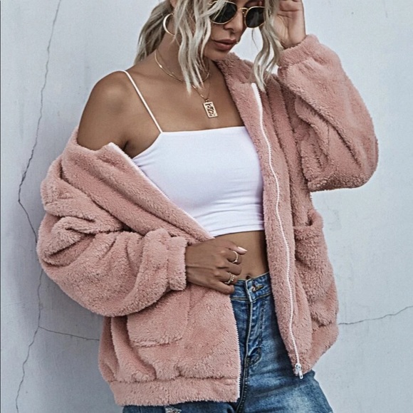 Jackets & Blazers - Pink teddy fluffy zip up jacket fuzzy